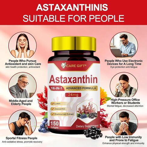 Astaxanthin Supplements 24mg 150 Softgels | 16 in 1 Formula Premium Astaxanthin Antioxidant Supplement Supports Eye Skin Joint Brain Heart Immune System Health, Fresh Microalgae Source 75 Days Supply in Saudi Arabia