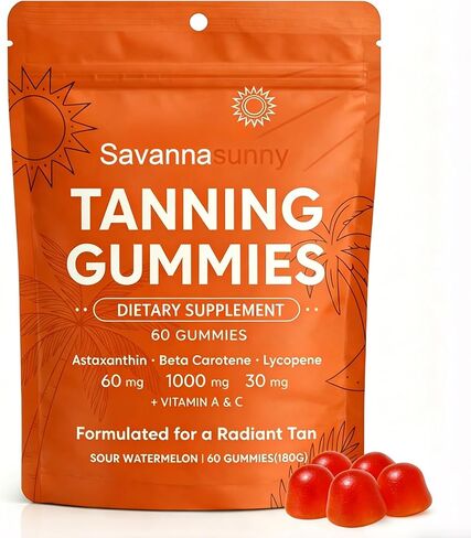 Savanna Sunny Skin Tanning Gummies, with Astaxanthin, Vitamin C & E, Beta-Carotene, Hydration for Natural Looking Glow, Bronzing, Vegan & Sugar Free - 60 Count (1) in Kuwait
