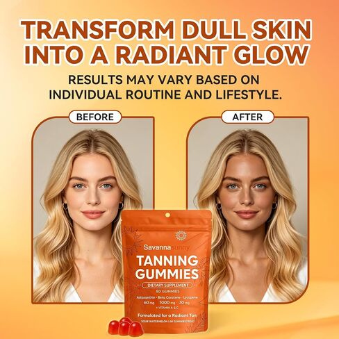 Savanna Sunny Skin Tanning Gummies, with Astaxanthin, Vitamin C & E, Beta-Carotene, Hydration for Natural Looking Glow, Bronzing, Vegan & Sugar Free - 60 Count (1) in Kuwait