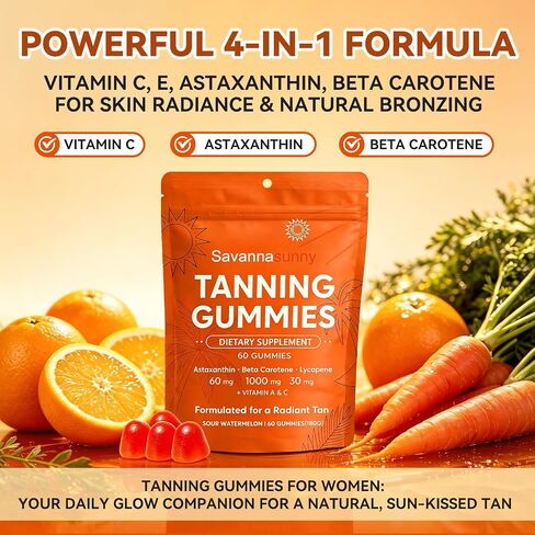 Savanna Sunny Skin Tanning Gummies, with Astaxanthin, Vitamin C & E, Beta-Carotene, Hydration for Natural Looking Glow, Bronzing, Vegan & Sugar Free - 60 Count (1) in Kuwait