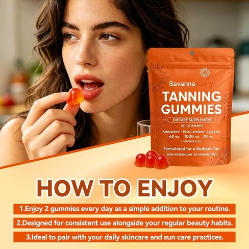 Savanna Sunny Skin Tanning Gummies, with Astaxanthin, Vitamin C & E, Beta-Carotene, Hydration for Natural Looking Glow, Bronzing, Vegan & Sugar Free - 60 Count (1) in Kuwait