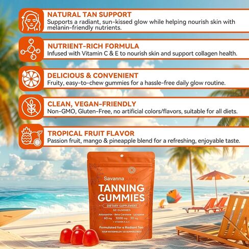 Savanna Sunny Skin Tanning Gummies, with Astaxanthin, Vitamin C & E, Beta-Carotene, Hydration for Natural Looking Glow, Bronzing, Vegan & Sugar Free - 60 Count (1) in Kuwait