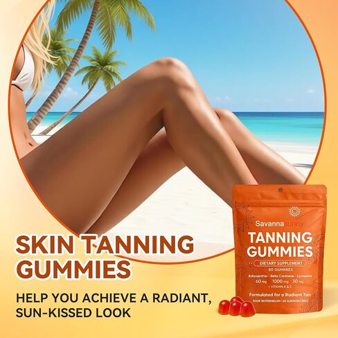 Savanna Sunny Skin Tanning Gummies, with Astaxanthin, Vitamin C & E, Beta-Carotene, Hydration for Natural Looking Glow, Bronzing, Vegan & Sugar Free - 60 Count (1) in Kuwait