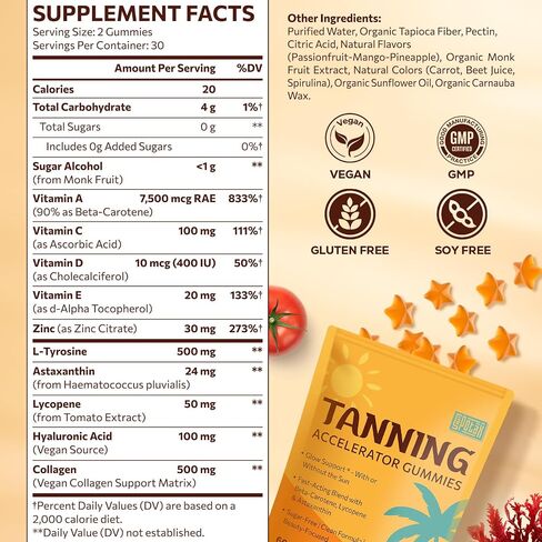 Sapotax Tanning Gummies with Astaxanthin, Sunless Tanning Supplement with Beta Carotene, Collagen, Lycopene & Vitamins, Tropical Flavor - 60 Gummies in Saudi Arabia