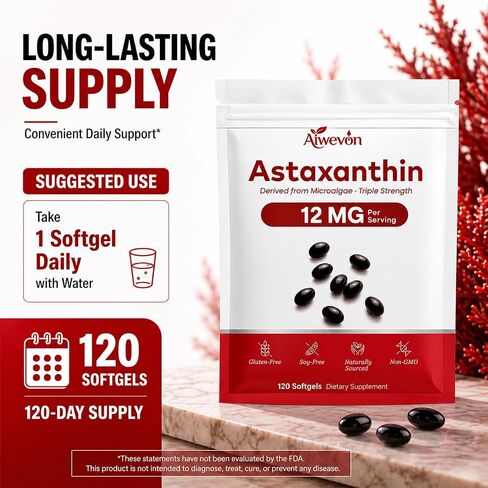 Astaxanthin Supplement 12mg Softgels, 120 Count Natural Microalgae Astaxanthin with MCT Oil, Easy to Swallow, No Strong Taste, Antioxidant Support for Skin Eye Heart Joint Health, Non-GMO Gluten Free in Saudi Arabia