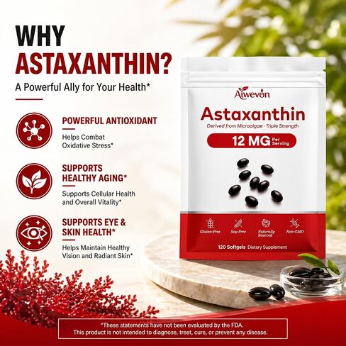Astaxanthin Supplement 12mg Softgels, 120 Count Natural Microalgae Astaxanthin with MCT Oil, Easy to Swallow, No Strong Taste, Antioxidant Support for Skin Eye Heart Joint Health, Non-GMO Gluten Free in Saudi Arabia
