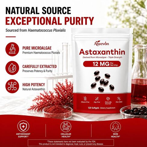 Astaxanthin Supplement 12mg Softgels, 120 Count Natural Microalgae Astaxanthin with MCT Oil, Easy to Swallow, No Strong Taste, Antioxidant Support for Skin Eye Heart Joint Health, Non-GMO Gluten Free in Saudi Arabia
