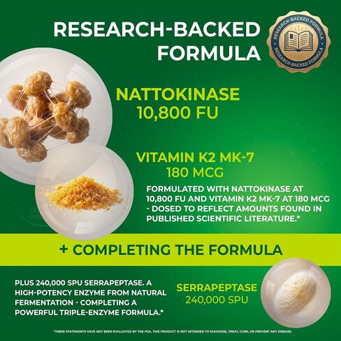 Nattokinase 10800 FU with Vitamin K2 MK-7 & Serrapeptase 240,000 SPU Supplement – Natto Enzyme, Heart Health Supplements for Blood Flow & Circulation Support, 90 Capsules in Saudi Arabia