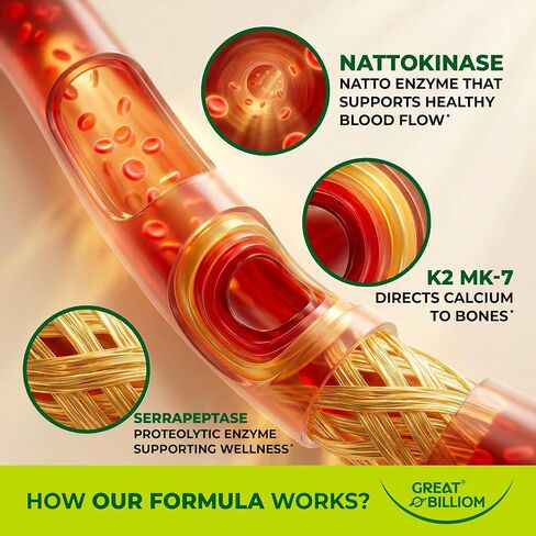 Nattokinase 10800 FU with Vitamin K2 MK-7 & Serrapeptase 240,000 SPU Supplement – Natto Enzyme, Heart Health Supplements for Blood Flow & Circulation Support, 90 Capsules in Saudi Arabia
