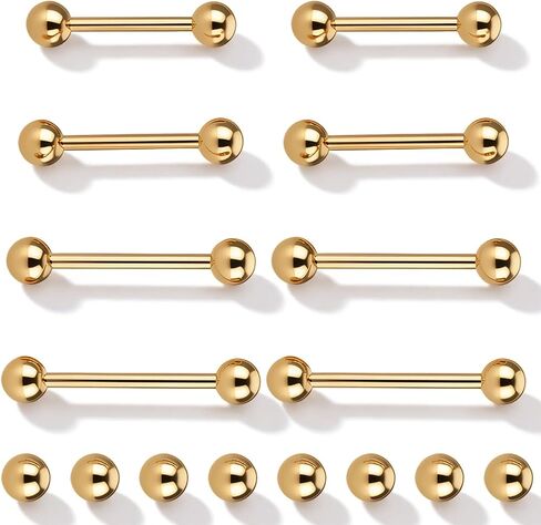 Gold Tongue Ring, 8 Pcs 14G Stainless Steel Nipple Barbells Straight Short Long Tongue Rings Gold Nipple Piercing Jewelry for Women Men, 12/14/16/18mm in Kuwait