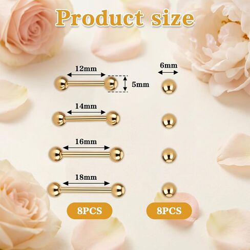 Gold Tongue Ring, 8 Pcs 14G Stainless Steel Nipple Barbells Straight Short Long Tongue Rings Gold Nipple Piercing Jewelry for Women Men, 12/14/16/18mm in Kuwait