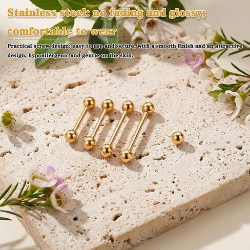 Gold Tongue Ring, 8 Pcs 14G Stainless Steel Nipple Barbells Straight Short Long Tongue Rings Gold Nipple Piercing Jewelry for Women Men, 12/14/16/18mm in Kuwait