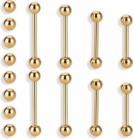 Gold Tongue Ring, 8 Pcs 14G Stainless Steel Nipple Barbells Straight Short Long Tongue Rings Gold Nipple Piercing Jewelry for Women Men, 12/14/16/18mm in Kuwait