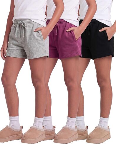 Real Essentials 3 Pack: Girls Fleece Lounge Shorts Sweat Athletic Casual Soft Comfy with Pockets Cozy Loungewear in Kuwait