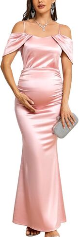 CYCLAMEN Maternity Satin Mermaid Maxi Dress Off The Shoulder Ruched Formal Pregnancy Gown for Baby Shower Photoshoot in Kuwait