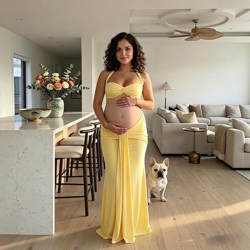 Women's Maternity Mermaid Dress, Sheer Cutout Spaghetti Strap Ruched Bodycon Gown for Baby Shower Wedding Photography in Saudi Arabia