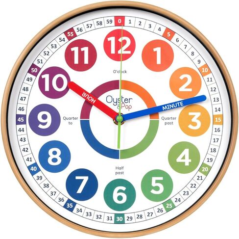 Oyster&Pop Kids Clock – Silent 10" Analog Learning Wall Clocks - Award-Winning Telling Time Teaching Clock for Kids - Bedrooms Homeschool & Classrooms - Includes eBook in Saudi Arabia