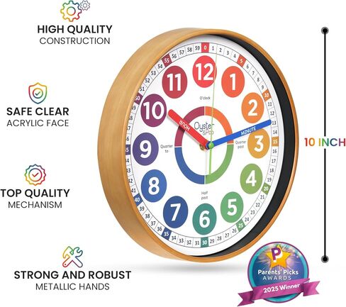 Oyster&Pop Kids Clock – Silent 10" Analog Learning Wall Clocks - Award-Winning Telling Time Teaching Clock for Kids - Bedrooms Homeschool & Classrooms - Includes eBook in Saudi Arabia