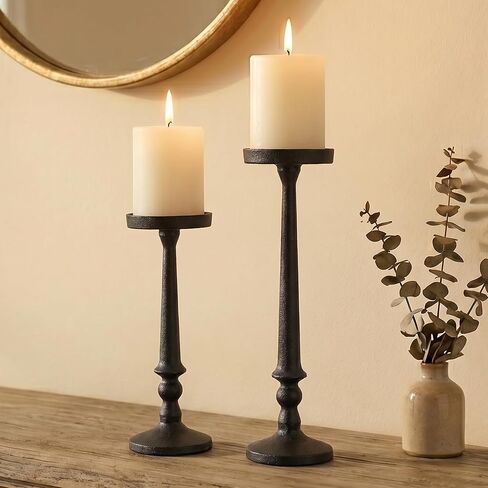 BANOMII Vintage Iron Pillar Candle Holders Set of 2 12.2" & 10" Tall Candleholders - Rustic Black Candle Stands - Dining Table Centerpieces - Christmas Fireplace Mantel Decor in Kuwait