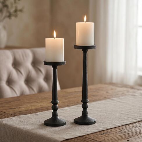 BANOMII Vintage Iron Pillar Candle Holders Set of 2 12.2" & 10" Tall Candleholders - Rustic Black Candle Stands - Dining Table Centerpieces - Christmas Fireplace Mantel Decor in Kuwait