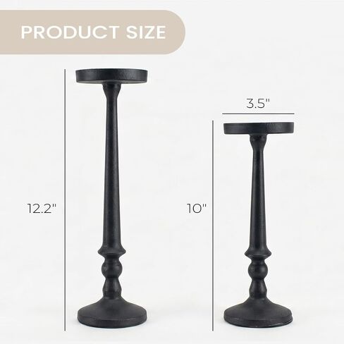 BANOMII Vintage Iron Pillar Candle Holders Set of 2 12.2" & 10" Tall Candleholders - Rustic Black Candle Stands - Dining Table Centerpieces - Christmas Fireplace Mantel Decor in Kuwait