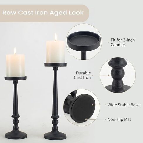 BANOMII Vintage Iron Pillar Candle Holders Set of 2 12.2" & 10" Tall Candleholders - Rustic Black Candle Stands - Dining Table Centerpieces - Christmas Fireplace Mantel Decor in Kuwait