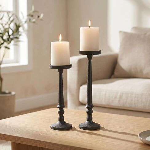 BANOMII Vintage Iron Pillar Candle Holders Set of 2 12.2" & 10" Tall Candleholders - Rustic Black Candle Stands - Dining Table Centerpieces - Christmas Fireplace Mantel Decor in Kuwait