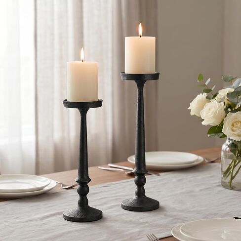 BANOMII Vintage Iron Pillar Candle Holders Set of 2 12.2" & 10" Tall Candleholders - Rustic Black Candle Stands - Dining Table Centerpieces - Christmas Fireplace Mantel Decor in Kuwait