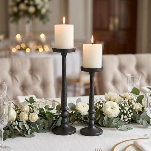 BANOMII Vintage Iron Pillar Candle Holders Set of 2 12.2" & 10" Tall Candleholders - Rustic Black Candle Stands - Dining Table Centerpieces - Christmas Fireplace Mantel Decor in Kuwait