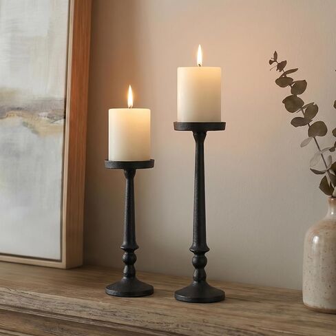 BANOMII Vintage Iron Pillar Candle Holders Set of 2 12.2" & 10" Tall Candleholders - Rustic Black Candle Stands - Dining Table Centerpieces - Christmas Fireplace Mantel Decor in Kuwait