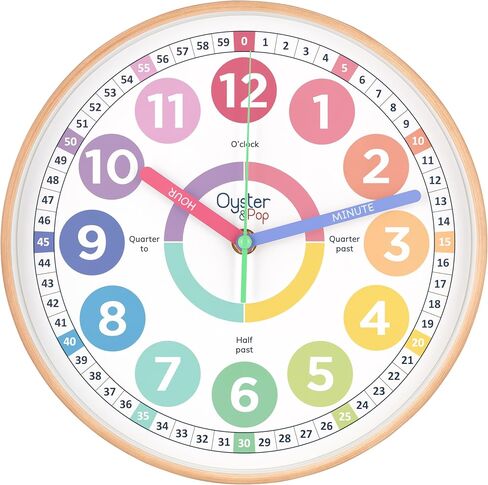 Oyster&Pop Kids Clock – Silent 10" Analog Learning Wall Clocks - Award-Winning Telling Time Teaching Clock for Kids - Bedrooms Homeschool & Classrooms - Includes eBook in Saudi Arabia