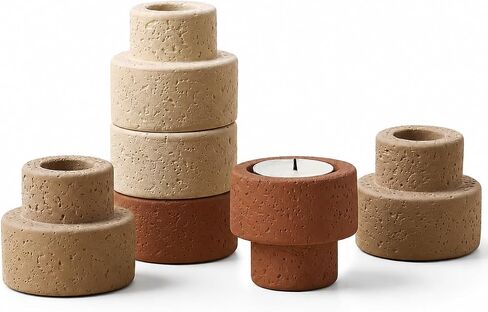 Set of 6 Concrete Candle Holders - Reversible Faux Travertine for 7/8" Taper & 1.5" Tealights, Stackable Heavyweight Minimalist Table Decor with Neutral Colors, Candles Not Included in Saudi Arabia