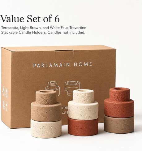 Set of 6 Concrete Candle Holders - Reversible Faux Travertine for 7/8" Taper & 1.5" Tealights, Stackable Heavyweight Minimalist Table Decor with Neutral Colors, Candles Not Included in Saudi Arabia