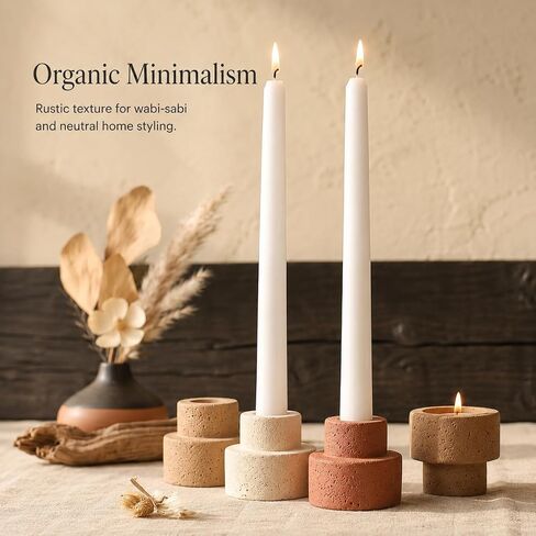 Set of 6 Concrete Candle Holders - Reversible Faux Travertine for 7/8" Taper & 1.5" Tealights, Stackable Heavyweight Minimalist Table Decor with Neutral Colors, Candles Not Included in Saudi Arabia