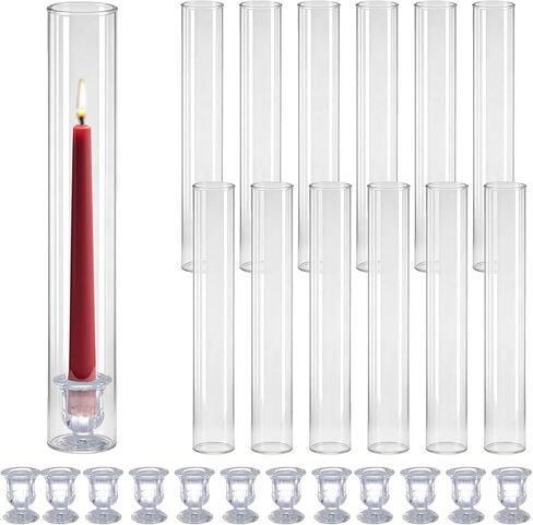 Glass Hurricane Candle Holders – 12 Clear Cylinder Covers & 12 Taper Candlestick Holders, 2.6" D x 13.8" H Windproof Candle Holders for Wedding, Patio Table, Outdoor Christmas Party Décor (12) in Saudi Arabia