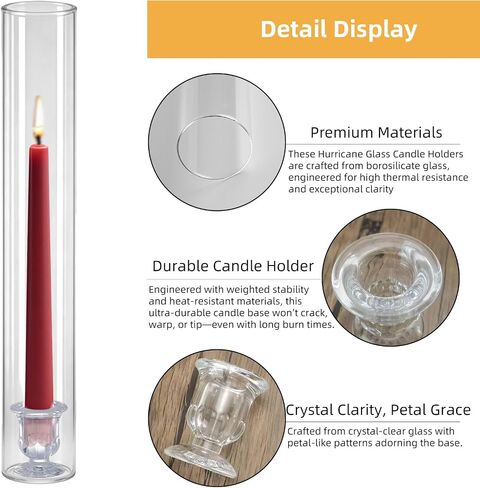 Glass Hurricane Candle Holders – 12 Clear Cylinder Covers & 12 Taper Candlestick Holders, 2.6" D x 13.8" H Windproof Candle Holders for Wedding, Patio Table, Outdoor Christmas Party Décor (12) in Saudi Arabia