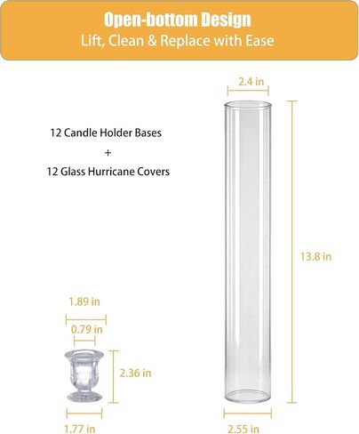 Glass Hurricane Candle Holders – 12 Clear Cylinder Covers & 12 Taper Candlestick Holders, 2.6" D x 13.8" H Windproof Candle Holders for Wedding, Patio Table, Outdoor Christmas Party Décor (12) in Saudi Arabia