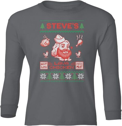 Funny Lava Chicken - Pixel Game Christmas Ugly Youth Long Sleeve T-Shirt in Saudi Arabia