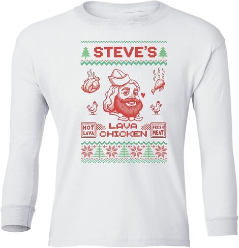 Funny Lava Chicken - Pixel Game Christmas Ugly Youth Long Sleeve T-Shirt in Saudi Arabia