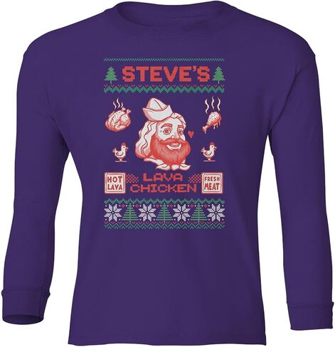 Funny Lava Chicken - Pixel Game Christmas Ugly Youth Long Sleeve T-Shirt in Saudi Arabia