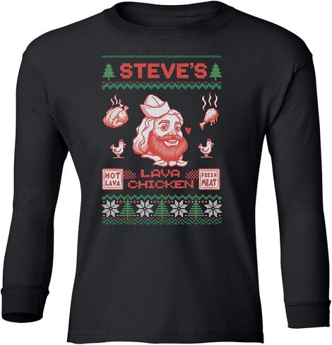 Funny Lava Chicken - Pixel Game Christmas Ugly Youth Long Sleeve T-Shirt in Saudi Arabia