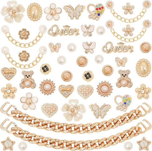 50 Pcs Bling Shoe Charms Set Pearl, Butterfly, Flower & Chain Shoe Charm Decorations for Clogs Cute Shoes Charms Accessories for Women & Girls Gift in Kuwait