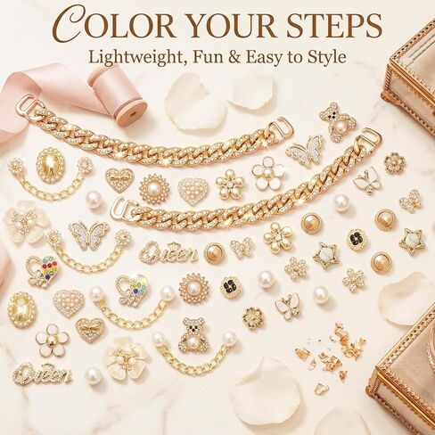 50 Pcs Bling Shoe Charms Set Pearl, Butterfly, Flower & Chain Shoe Charm Decorations for Clogs Cute Shoes Charms Accessories for Women & Girls Gift in Kuwait