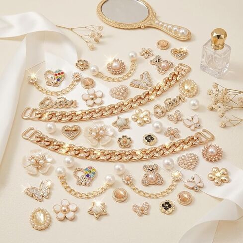 50 Pcs Bling Shoe Charms Set Pearl, Butterfly, Flower & Chain Shoe Charm Decorations for Clogs Cute Shoes Charms Accessories for Women & Girls Gift in Kuwait