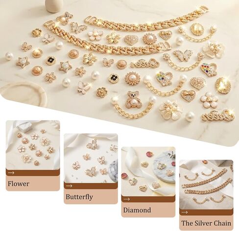 50 Pcs Bling Shoe Charms Set Pearl, Butterfly, Flower & Chain Shoe Charm Decorations for Clogs Cute Shoes Charms Accessories for Women & Girls Gift in Kuwait