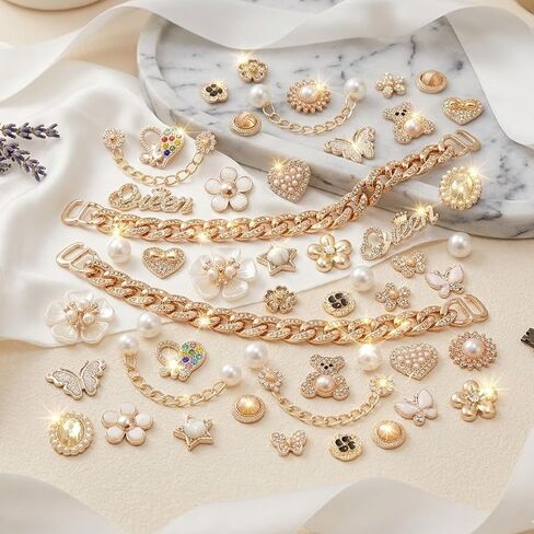 50 Pcs Bling Shoe Charms Set Pearl, Butterfly, Flower & Chain Shoe Charm Decorations for Clogs Cute Shoes Charms Accessories for Women & Girls Gift in Kuwait