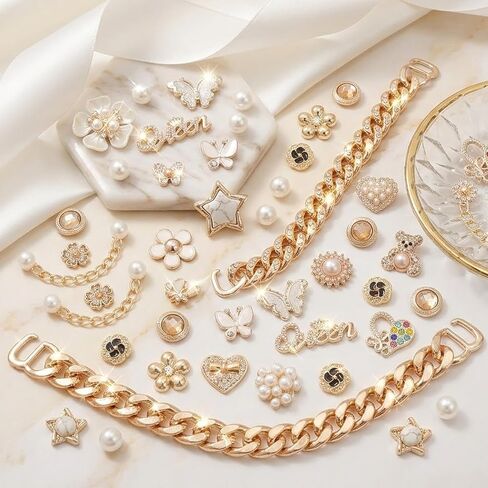 50 Pcs Bling Shoe Charms Set Pearl, Butterfly, Flower & Chain Shoe Charm Decorations for Clogs Cute Shoes Charms Accessories for Women & Girls Gift in Kuwait