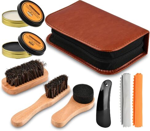 9-in-1 Shoe Shine Kit & Leather Polish Set with 2 Horsehair Brushes,2 Polishing Cloths,Wax Sponge,Clear Care Wax,Shoe Horn & Black Shoe Polish Kit in Leather Bag, as Gift for Men in Kuwait