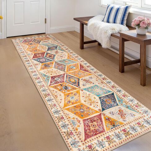 Moroccan 2x6 Runner Rug, Vintage Distressed Boho Floral Geometric Patchwork Washable Non Slip Throw Floor Long Carpet Runner for Hallway Entryway Kitchen Bathroom Bedroom Livingroom, Colorful in Saudi Arabia
