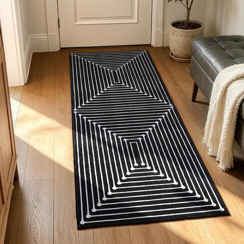 YIHOUSE 2x6 Kitchen Runner Rug Non Slip Washable, Black and White Striped Rug Runners for Entryway Hallway Non Skid, Modern Geometric Carpet Runner for Bathroom Bedroom Laundry Room in Kuwait